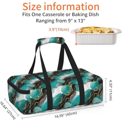 Hot Cold Food Carrier Tote Abstract Turquoise Print | Abstract Black White Green Turquoise Marble, Insulated Single Carrier with Handles Zipper Fits 9x13 Baking Dish Picnic - color: Pattern (768)