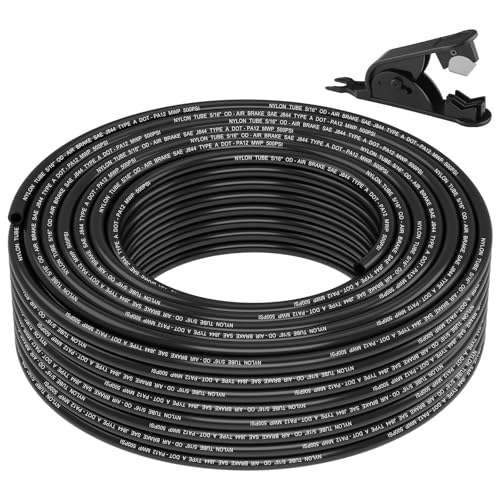 5/16" DOT Air Line, 100FT SAE J844 PA12 Nylon Air Tubing with Cutter | 5/16" DOT-Approved Brake Line, Flexible PA12 Nylon Tubing for Air Suspension Kit, Truck Trailer Brake System & Fluid Transfer - size: 5/16" OD 100FT