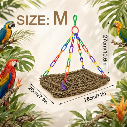 Reptile Hammock Lizard 、Parrot Basking Platform, Size M | Aquarium Grass Woven, Rainbow Chain Hammock, Bird Perch Swing Toy, Climbing Ladder for Bearded Dragon Gecko Chameleon - size: M