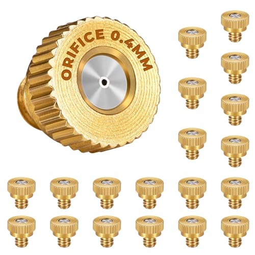 20 Pack Brass Misting Nozzles, 0.0157" (0.4mm) 10/24 Thread | Mister Nozzles Replacement for Outside Patio Misting, Garden Irrigation, Greenhouse Watering, Chicken Coop Pet Cooling - size: 0.4mm Orifice