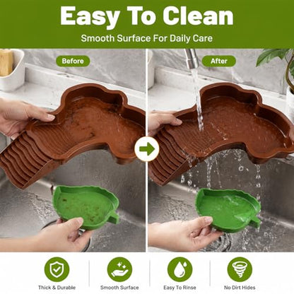 3 Pcs Aquatic & Terrestrial Reptiles Bathing Pool Set, Turtle Water Bowl | Tortoise Water Dish with Removable Ramp and 2 Pcs Feeding Dish - color: Dark Brown【1 x Water Dish, 2 x Feeding Dish】