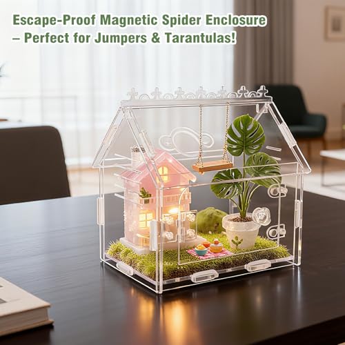 Acrylic Jumping Spider Enclosure Magnetic Lock Terrarium | Clear Acrylic Viewing, Dual Vents, Sloped Roof, 5.9x3.9x5.1", Tool-Free Assembly