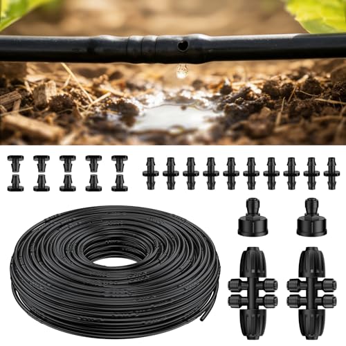 Pawfly 200 ft 1/4 Drip Irrigation Tubing, 1/4" Emitter Tubing with 6" Spacing, Polyethylene Drip Line with 24 Parts, Black Distribution Tubing for Drip Irrigation System, Drip Irrigation Hose Roll - size: 200 FT Kit with Emitters Drip Irrigation Tubing