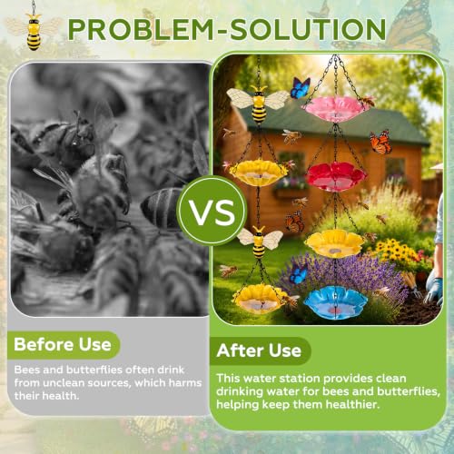 Tandefio 2 Pack Hanging Bee Watering Station for Outdoor Garden, Butterfly Feeder with Flower Bowl, Pollinator Feeding Station for Yard Patio, Bee Bath for Gardeners(Bees & Flower Style) - style: Bee & Flower Style