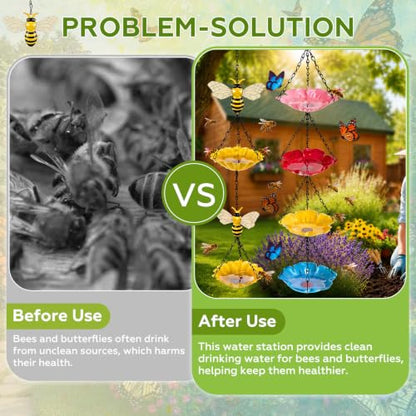 Tandefio 2 Pack Hanging Bee Watering Station for Outdoor Garden, Butterfly Feeder with Flower Bowl, Pollinator Feeding Station for Yard Patio, Bee Bath for Gardeners(Bees & Flower Style) - style: Bee & Flower Style