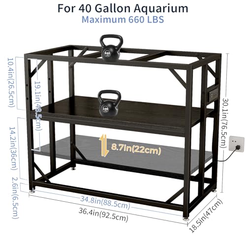 METYERRY 40 Gallon Fish Tank Stand with Power Outlet,Adjustable Shelf | 660 LBS Heavy Duty Metal Frame, Fits Fish Tanks Reptile Tanks and Turtle Tanks, Water Resistant Board, Home Aquarium Setup - color: Black, size: 40 Gallon