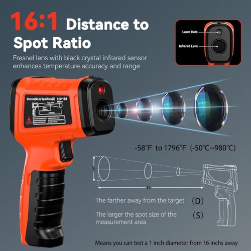 -58°F to 1796°F Infrared Thermometer Gun, Dual-Mode 16:1 | Surface & Internal Temperature Reading，Includes Portable Holster，Humidity & Ambient Temperature Display - color: Orange/-58°F to 1796°F and -58°F to 572°F-holster