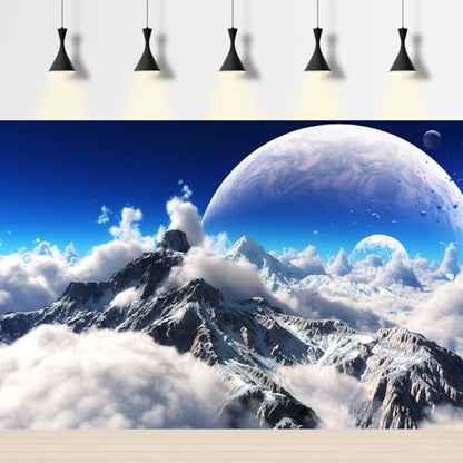 Celestial Aquarium Backdrop Snow Capped Mountains Alien Planet Terrarium Background Space Planets and Natural Landscape Fish Tank Backdrop Tranquil Natural Cloudy Sky Aquarium Backdrops 36x20in - color: White_Blue, size: 36(W)x20(H)in