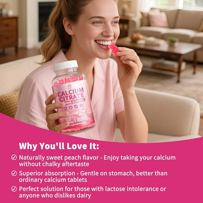 Pure Calcium Citrate 1200 mg Gummies for Adults Kids, High Absorption Calcium Supplements for Women & Men, Sugar Free, Non-GMO, Gluten Free, Supports Bone,Teeth,Muscle & Immune - Peach Flavor, 2 pack. - size: 60 Count (Pack of 2)