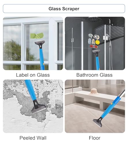 Window Squeegee Cleaner with 4 Stainless Steel Extension Poles,Long Reach to 58inch, Scrubber, Glass Scraper, Bendable Duster, 2 Scrubber Cloth for Window, Car, Professional Cleaning Kit - color: Silver