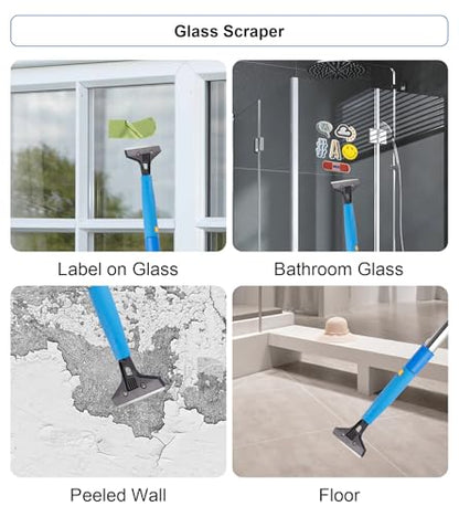 Window Squeegee Cleaner with 4 Stainless Steel Extension Poles,Long Reach to 58inch, Scrubber, Glass Scraper, Bendable Duster, 2 Scrubber Cloth for Window, Car, Professional Cleaning Kit - color: Silver