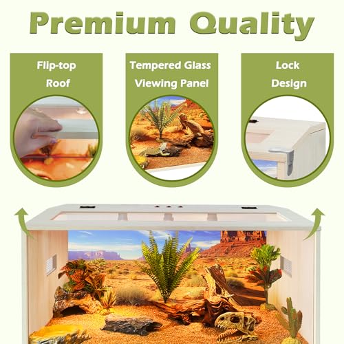 Bearded Dragon Tank, 68 Gallons Wooden Reptile Enclosure, Tempered Glass Lizard Tank, Large Bearded Dragon Habitat with Built-in Lamp Fixture for Lizard - color: Oak, size: 68 gallons