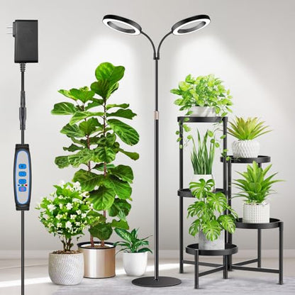Aumtrly 2 Head Grow Light Full Spectrum, Black, with 68" Adjustable Stand | 6/12/16H Timer, 5 Dimming Level, 168 LED Halo Design, Flexible Gooseneck, Metal Base, Floor Growing Lamp for Large Tall Plant - size: 2 head 68inch/black
