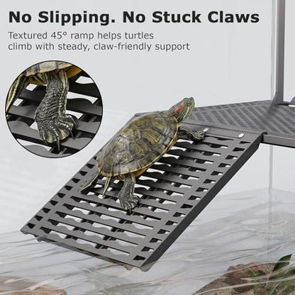 Upgraded Hanging Turtle Basking Platform with Built-In Feeding Tray, Stainless Steel Hooks, Non-Slip Ramp, No Zip Ties, Heavy-Duty Turtle Dock for 30 Gallon Aquariums