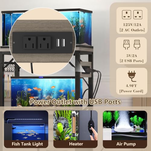 Heybly 5-10Gal Fish Tank Stand with Drawer, Power Outlet,200lbs HAS002SSG-1 | Aquarium Stand,Heavy Duty Metal Frame for Fish Tank, Turtle & Reptile Terrarium, 20.5" × 10.2" Top, Rustic Gray - color: Greige, size: 5-10 gal