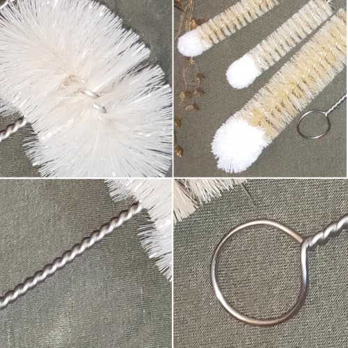 Bottle Brushes Thin Long Handle X 4, Natural Boar Bristle Set | Stainless Steel Bendable Wire Cleaner with Wool Tip, Slim Flexible for Cleaning Narrow Neck Bottles, Pipes, Tubes, Hoses