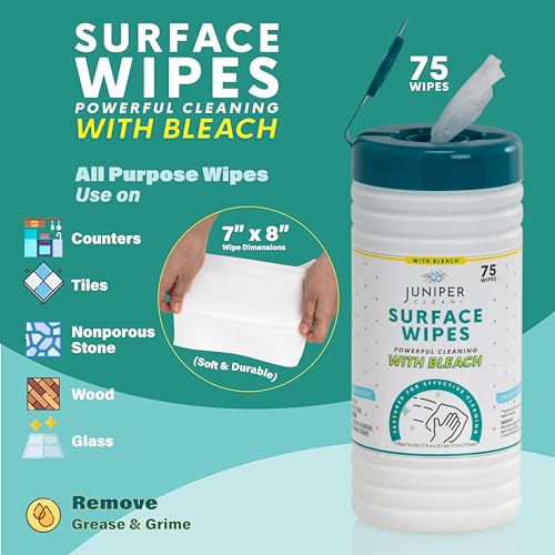 Juniper CLEAN 4 Pack Surface Cleaning Wipes with Bleach, All-Purpose Cleaner for Bathroom, Kitchen, Office, 300 Count Canister, 7.5" x 7" Sheet, Fresh Scent, Lint Free & Durable - size: 75 Count (Pack of 4)