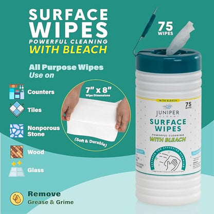 Juniper CLEAN 4 Pack Surface Cleaning Wipes with Bleach, All-Purpose Cleaner for Bathroom, Kitchen, Office, 300 Count Canister, 7.5" x 7" Sheet, Fresh Scent, Lint Free & Durable - size: 75 Count (Pack of 4)