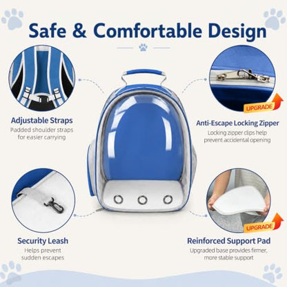 Expandable Cat Carrier Backpack with Bubble Window, Blue | Breathable mesh, anti-collapse frame, side door, safety leash and escape-resistant zippers for vet visits and outdoor travel. - color: Blue
