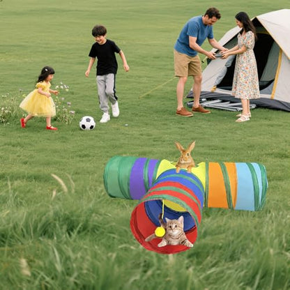 3-Way Collapsible Cat Tunnel Tube Toy Rainbow T-Shape | Interactive Play Tunnel with Hanging Ball & Peek Hole for Indoor Cats, Kittens, Puppies & Rabbits | Hours of Fun & Exercise - color: Rainbow T