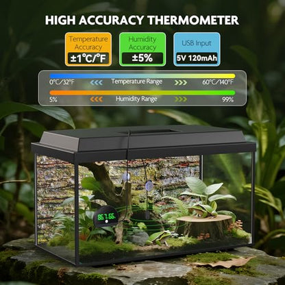 PAIZOO LED Rechargeable Reptile Thermometer Hygrometer, Always-on Display | Temperature Accuracy ±0.1℉, Long Battery Life, Switch Between ℉/℃, Reptile Tank Thermometer with 59.05" Type-c Charging Cable