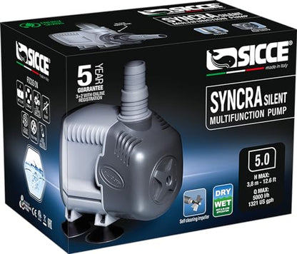 SICCE Syncra Silent 5.0 Multifunction 1321 GPH Submersible Water Pump | Italian Made 105W Ultra Quiet Durable Aquarium Fish Tank, Fountain, Pond, Hydroponics, Terrarium Black | Freshwater & Saltwater - size: Syncra Silent 5.0