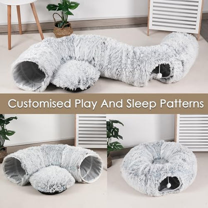 Baseola Fuzzy Cat Tunnel Bed for Indoor Cats, 2-in-1 Interactive Cat Toys | Peekaboo Cat Cave with Washable Mat, Collapsible Cat Play Tunnel for Kittens & Small Pets, Plush Cat Donut Bed Tunnel, Grey - color: Grey