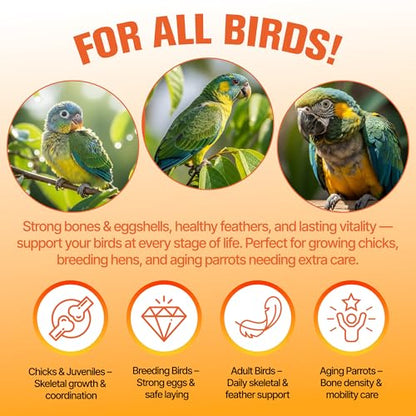 Calcium for Birds with Magnesium & Vitamins D3–Vet-Developed Formula for Parrots, Supports Strong Bones, Eggshell Health,Feather Growth,Muscle & Nerve Function,Dissolves Tasteless in Water,80 Servings