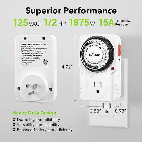 BN-LINK 24-Hour Heavy Duty Mechanical Timer Outlet,Indicator Light, 3-Prong | 15-min intervals; Indoor Plug-in Timer for Christmas Decoration, Aquarium, Grow Light, Home Appliances, ETL,1875W/15A,2-Pack - size: 2 Pack