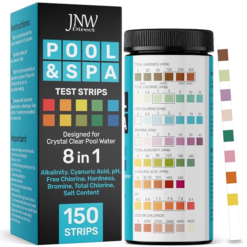Pool Test Strips 8-in-1, 150 Quick and Accurate Pool and Hot Tub Test Strips - Pool Water Testing Kit for Chlorine, Bromine, pH, Hardness, More - All in 1 Swimming Pool Test Strips by JNW - style: 150 STRIPS - 8 IN 1 POOL TEST STRIPS