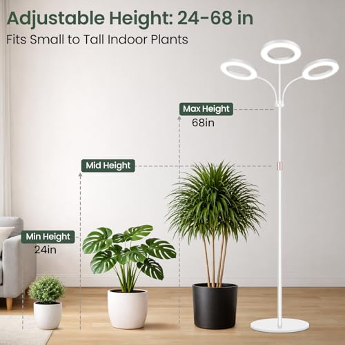 LBW 3-Head Grow Light with Stand for Indoor Plants, Full Spectrum Grow Light for Tall Large Plants, Adjustable Height up to 68", Auto Cycle Timer 6/8/12/16H, 5-Level Dimming, 3 Lighting Modes,White - size: 3 Head 6.3" White