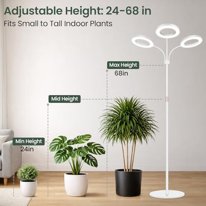 LBW 3-Head Grow Light with Stand for Indoor Plants, Full Spectrum Grow Light for Tall Large Plants, Adjustable Height up to 68", Auto Cycle Timer 6/8/12/16H, 5-Level Dimming, 3 Lighting Modes,White - size: 3 Head 6.3" White