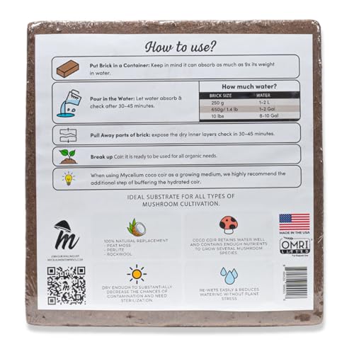 Mycelium Coco Coir Brick Mushroom Growing Kit I Expandable Organic Coconut Fiber Substrate I Indoor Mushroom Cultivation for Starter & Pro Home Growers I OMRI Certified & Non-GMO, 10lbs - style: Mushroom Cultivation