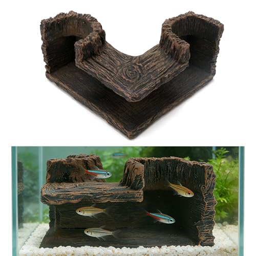 90° Corner Aquarium Tunnel Hide, Resin Driftwood Cave, 5.1 x 5.1 Inch | Wide Entrances Create a Cozy Retreat while Preserving Open Swimming Space for Shy Small-to-Medium Species