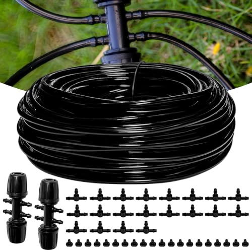 100FT 1/4 Inch Drip Irrigation kit Tubing Distribution Hose Tube for Garden Drip Irrigation System (Includes 2 Pack 6-Way Connector and 20pcs 1/4" Tee Splitters and End Plugs) - size: 100FT 1/4" Distribution tube