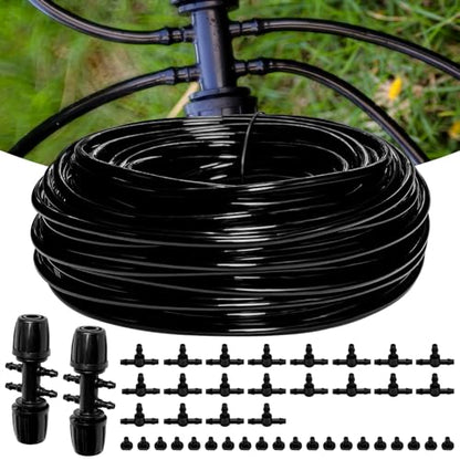100FT 1/4 Inch Drip Irrigation kit Tubing Distribution Hose Tube for Garden Drip Irrigation System (Includes 2 Pack 6-Way Connector and 20pcs 1/4" Tee Splitters and End Plugs) - size: 100FT 1/4" Distribution tube
