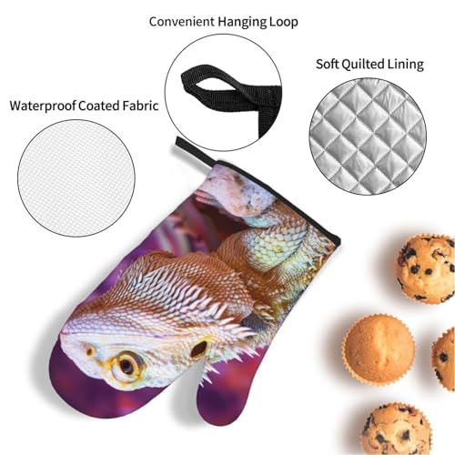 Bearded Dragon Lizards Animal Reptile Camouflage Heat Resistant Oven Mitts and Pot Holders Set of 4-500°f Protection Utensil Pocket for Grilling, Baking, Cooking