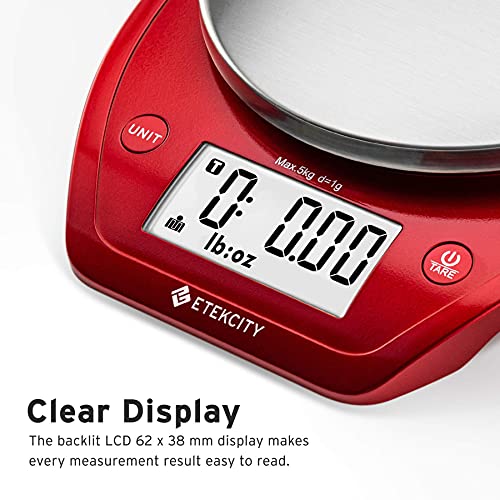 Etekcity Food Kitchen Scale with Bowl, 0.1g, Grams and Ounces | 11lb/5kg capacity with tare, removable bowl, ideal for baking, coffee, meal prep and portion control, Stainless Steel, Red - color: Chili Red