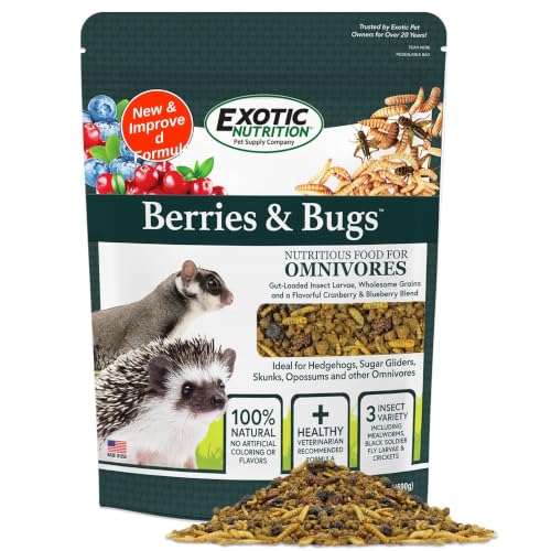 Berries & Bugs 1.5 lb - All Natural High Protein High Fiber Food for Hedgehogs, Skunks, Opossums, Sugar Gliders - Universal Insectivore Diet with Fruit, Gut-Loaded Insects, & Healthy Vitamins - size: 1.5 Pound (Pack of 1)