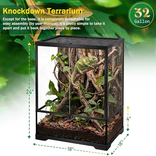 18"x18"x24" Reptile Terrarium, Aluminum-Frame Glass Vivarium for Small Arboreal Reptiles Such as Small Chameleons, with Lock, Cable Port, Waterproof Deep Base