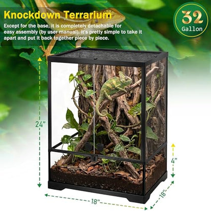 18"x18"x24" Reptile Terrarium, Aluminum-Frame Glass Vivarium for Small Arboreal Reptiles Such as Small Chameleons, with Lock, Cable Port, Waterproof Deep Base