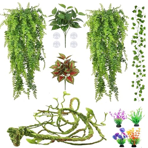 Reptile Plants Terrarium Decor, Hanging Reptile Vines, Flexible Bendable Jungle Climbing Leaves for Bearded Dragon, Leopard Gecko, Chameleon, Snake, Lizard Tank Habitat Decoration (Group A)