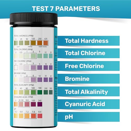 Pool Test Strips for Pools and Spas - 7 in 1 Water Test 200 Pack | Includes 200 pool test strips that measure chlorine, bromine, pH, alkalinity, hardness and cyanuric acid in 30 seconds. - style: 200 STRIPS - 7 IN 1 POOL TEST STRIPS