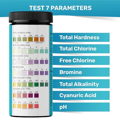 Pool Test Strips for Pools and Spas - 7 in 1 Water Test 200 Pack | Includes 200 pool test strips that measure chlorine, bromine, pH, alkalinity, hardness and cyanuric acid in 30 seconds. - style: 200 STRIPS - 7 IN 1 POOL TEST STRIPS