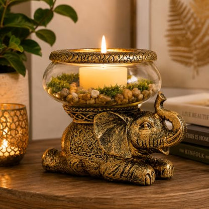 Good Luck Elephant Terrarium Bowl, Antique Gold | Elephant Figurine with Removable Glass Bowl, Succulent Planter, Candle Holder, Air Plant Display, Zen Home Décor Accent - color: Gold Antiqued Elephant Glass