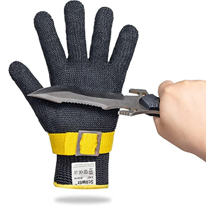 Schwer ANSI A9 Cut Resistant Glove, Food Grade Stainless Steel wire Mesh Metal Gloves, Knife Cutting Gloves for kitchen Mandoline Slicing Butcher Meat Cutting Oyster Shucking Fish Fillet（L, 1 PCS） - size: Large (Pack of 1), style: 3.0 Black Steel Wire+hpp