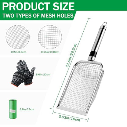 Chicken Poop Scooper for Coop, Coop Rake Scooper Shovel, 2 Pack | 3.8mm & 5mm Mesh, Equipped with Gloves and Garbage Bags, for Sifting Sand, Litte, Stainless Steel