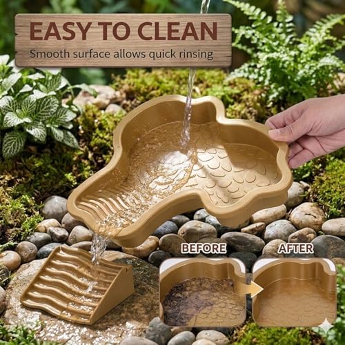 Large Turtle Water Bowl, Reptile Bathing Pool Tortoise Water Dish Bearded | Dragon Water Fountain Non-Slip Reptile Food Dish for Tortoise Gecko Lizard Snake Terrarium Habitat (Brown) - color: Brown