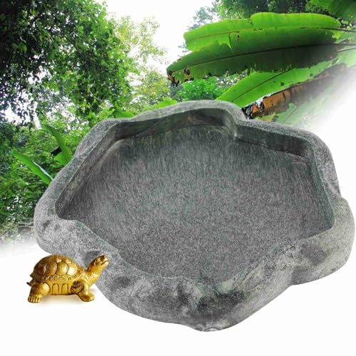 Reptile Water Dish, Resin Rock Snake Water Bowl, Dark Green Firm Reptile Water Bowl, Large Tortoise Feeding Bowl for Tortoise Lizard Pets Feeding Accessories, 5.51x4.72x0.63in (S) - size: S