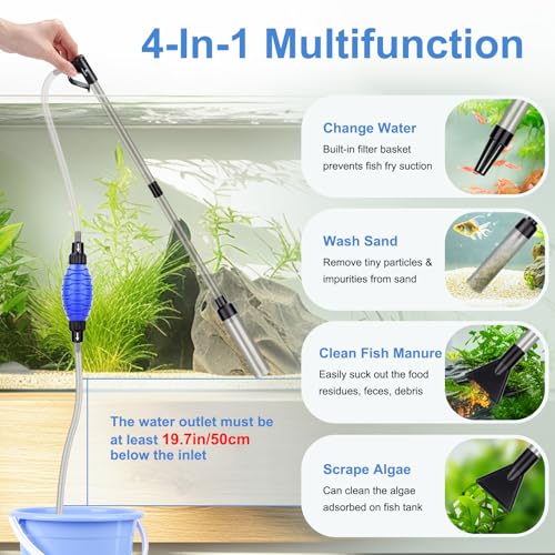 fishkeeper 4-in-1 Aquarium Siphon Gravel Cleaner, Quick & Strong Suction | Adjustable Water Flow and Length, Multifunction Fish Tank Vacuum Cleaning Kit for Water Changer, Sand Cleaner, Dirt Removal - size: Small
